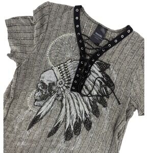 Vocal Y2K Native American Skull Headress Rhinestone Lace Up Ribbed Biker Grunge